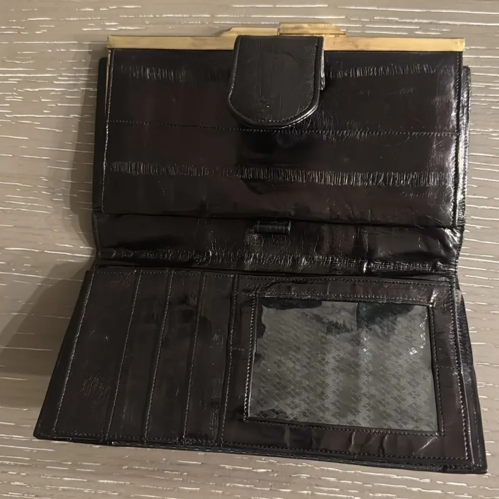 VINTAGE 1980s Brown Gold-Tone Structured EEL Skin Multi Compartment Snap Wallet